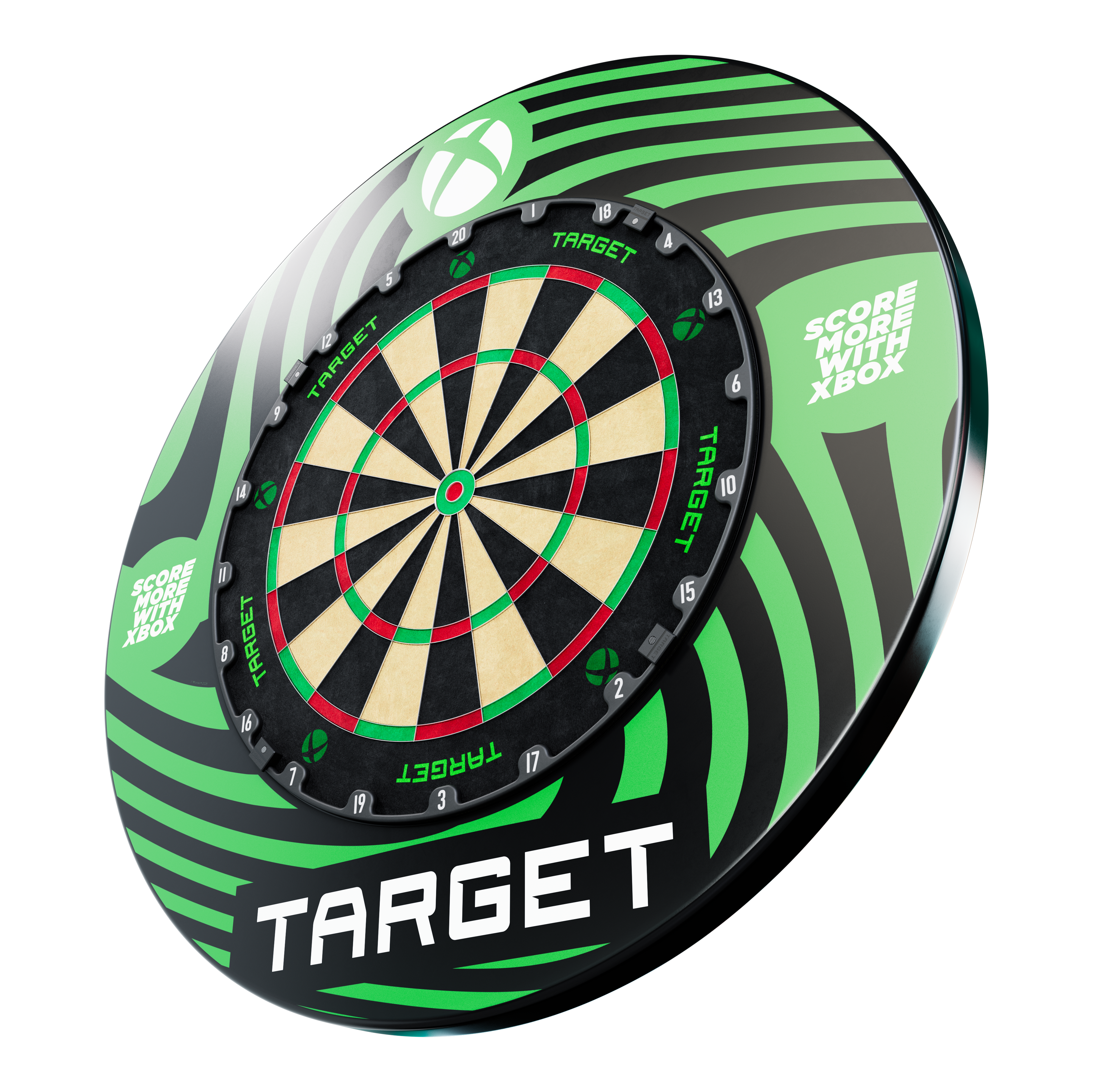 Das Target Xbox Dartboard Surround Bundle ist auf dem Bild dargestellt. Es enthält alles für ein optimales Dart-Erlebnis.